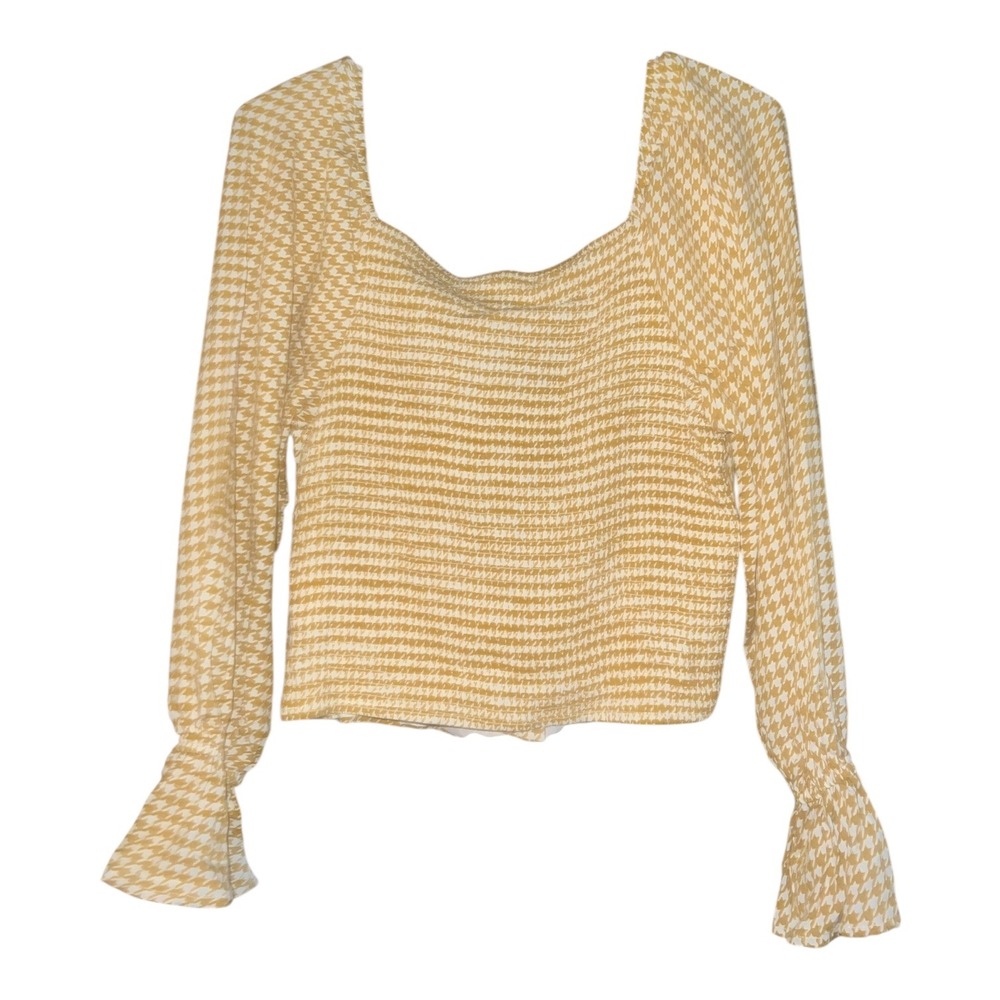 Womens XL Mustard Houndstooth Long Sleeve Hook Eye Corset Crop‎ Top Blouse - Picture 2 of 3